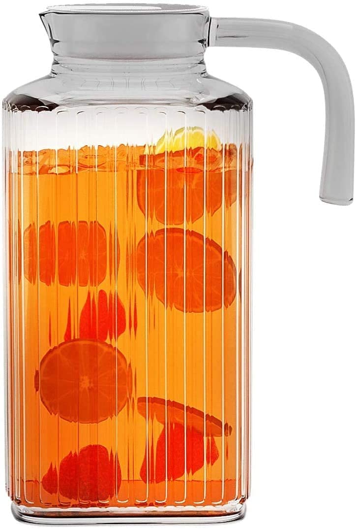 Home Essentials & Beyond Fridge Pitcher 60oz full view shows clear glass for easy beverage monitoring.