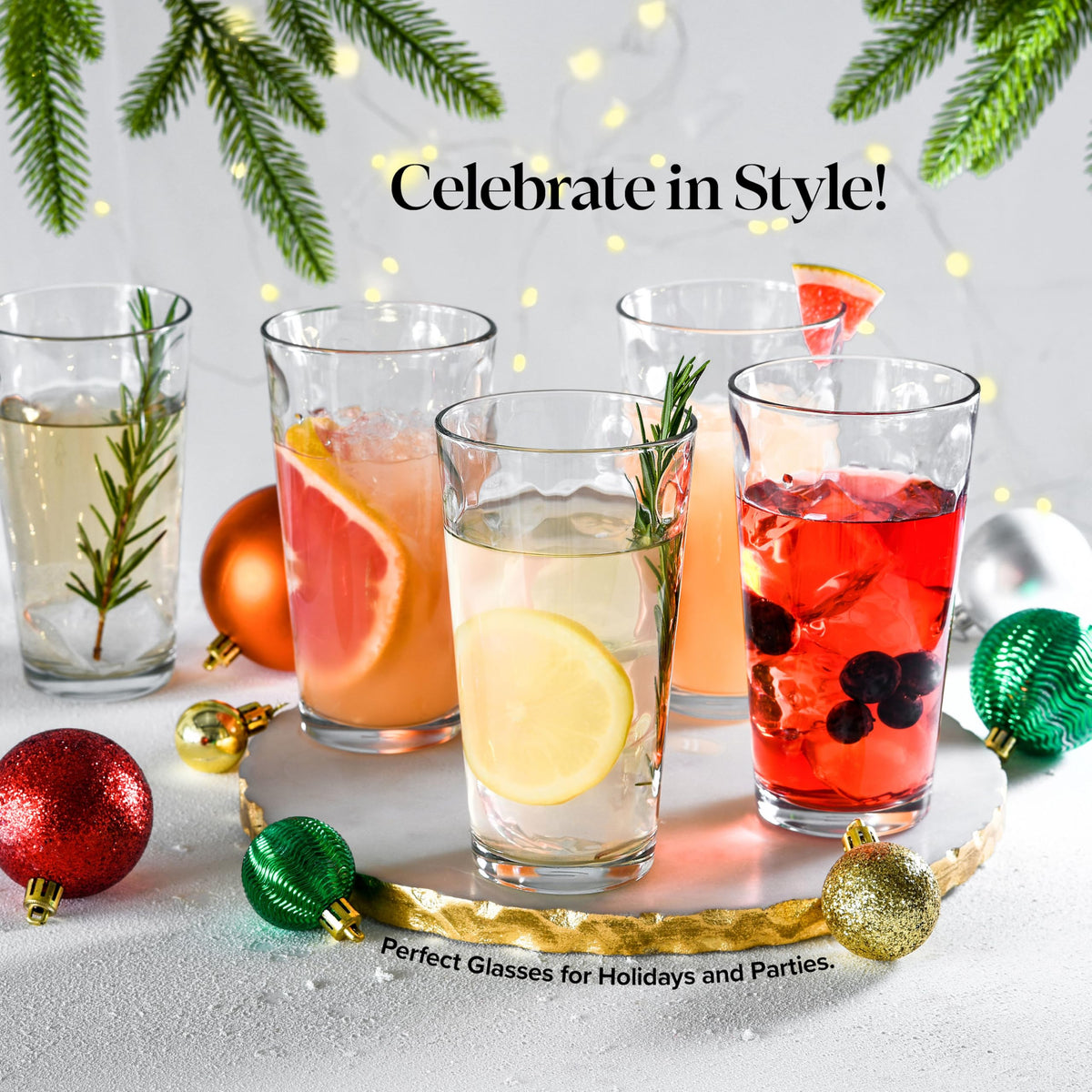 Home Essentials & Beyond highball glass showing clear diamond sparkle on a table.