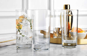 Home Essentials & Beyond 17oz glass supports standard and large ice cubes for versatile serving.