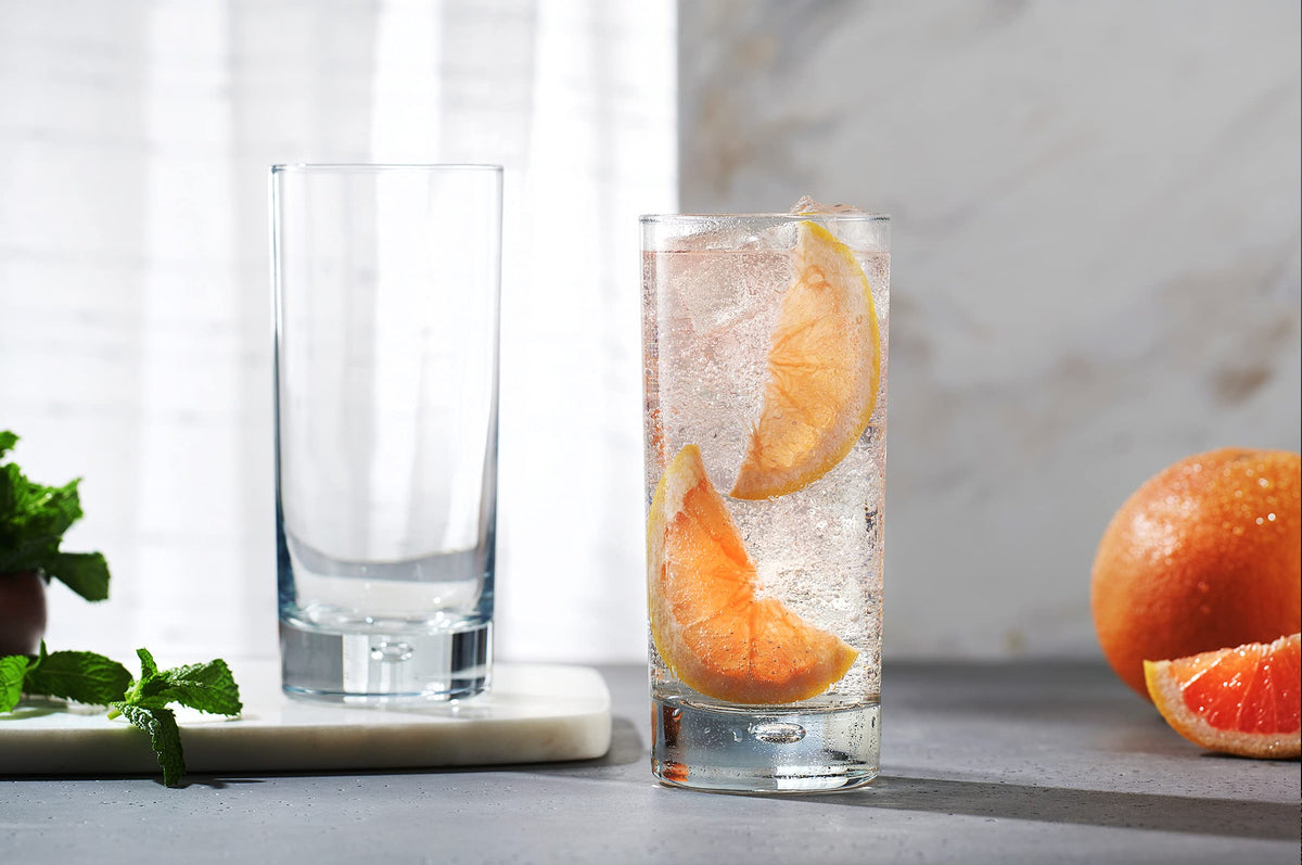 Home Essentials & Beyond bubble-inside highball glass detail highlighting comfortable grip.