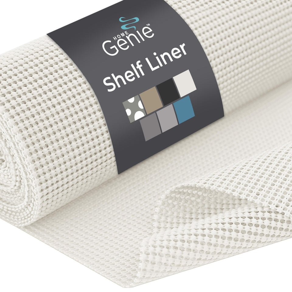 HOME GENIE shelf liner with strong grip keeps items in place.