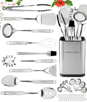 Home Hero 32-piece utensil set with stainless steel tools and heat-resistant silicone heads.
