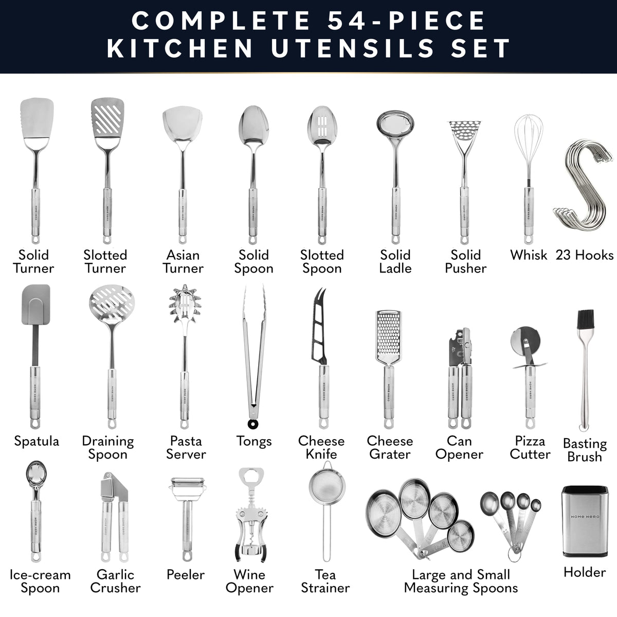 Home Hero 54-piece utensil set with pasta spoon for easy portioning.