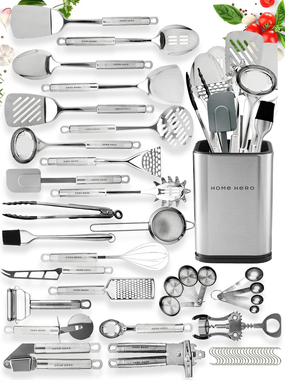 Home Hero 54-piece utensil set with slotted spoon for draining sauces.