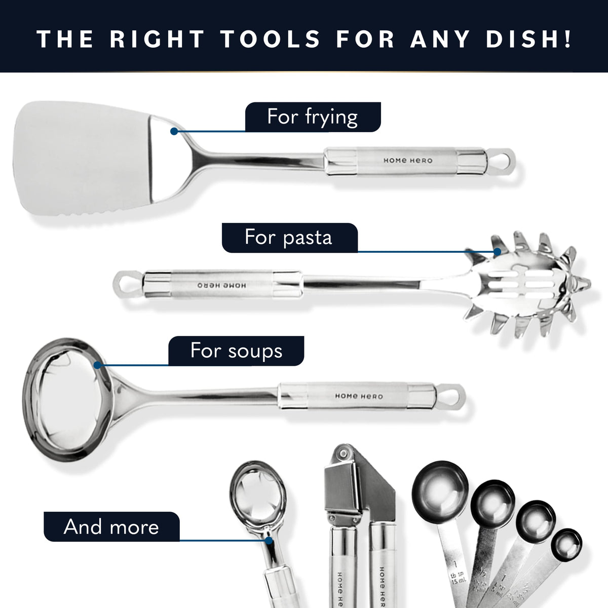 Home Hero 54-piece utensil set with turner spatula for flipping and turning.