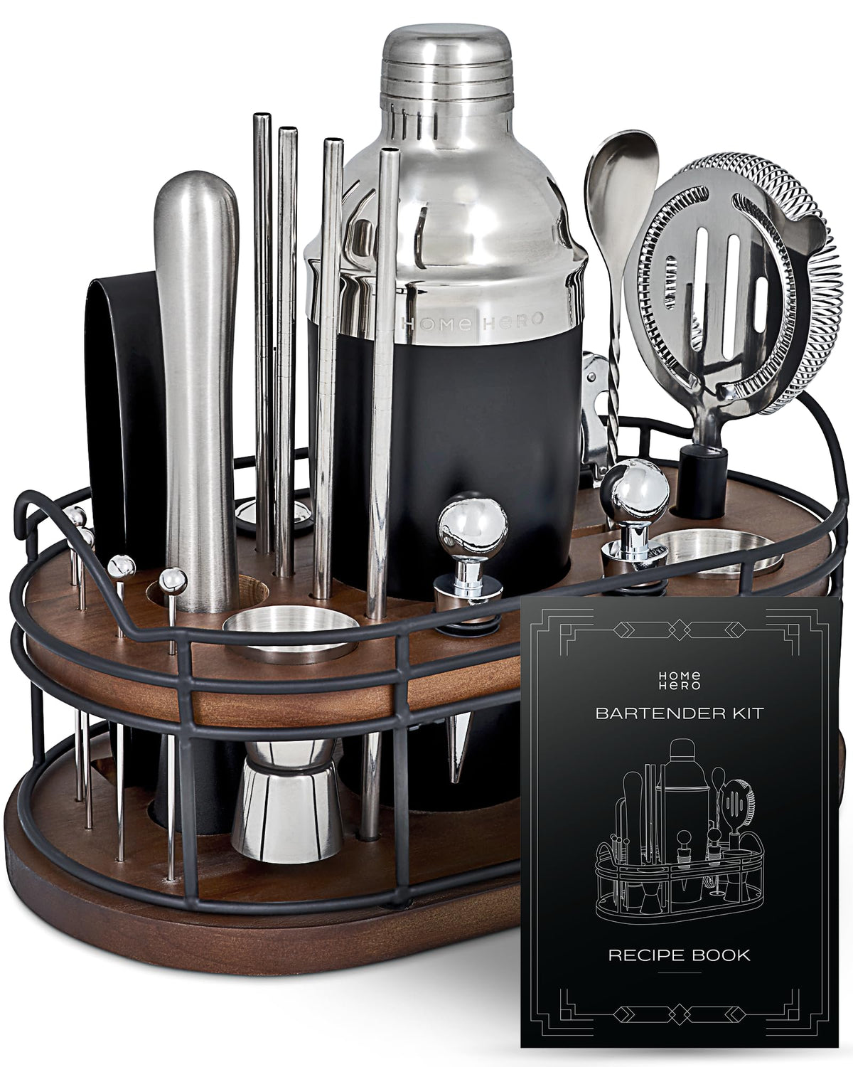Home Hero Bartender Kit with silver shaker on a wooden stand for elegant home entertaining.