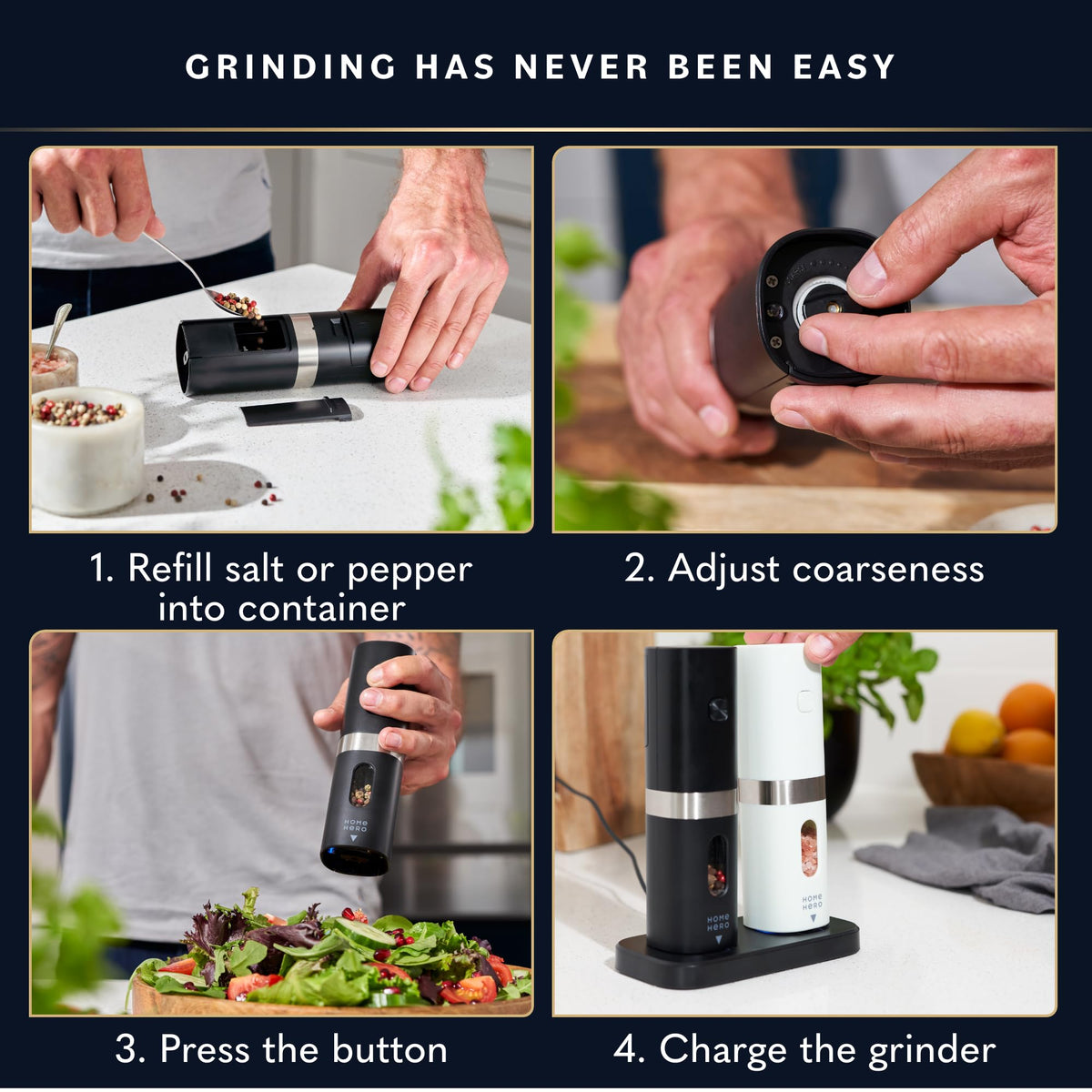 Home Hero grinders offer five grind levels for perfect texture.