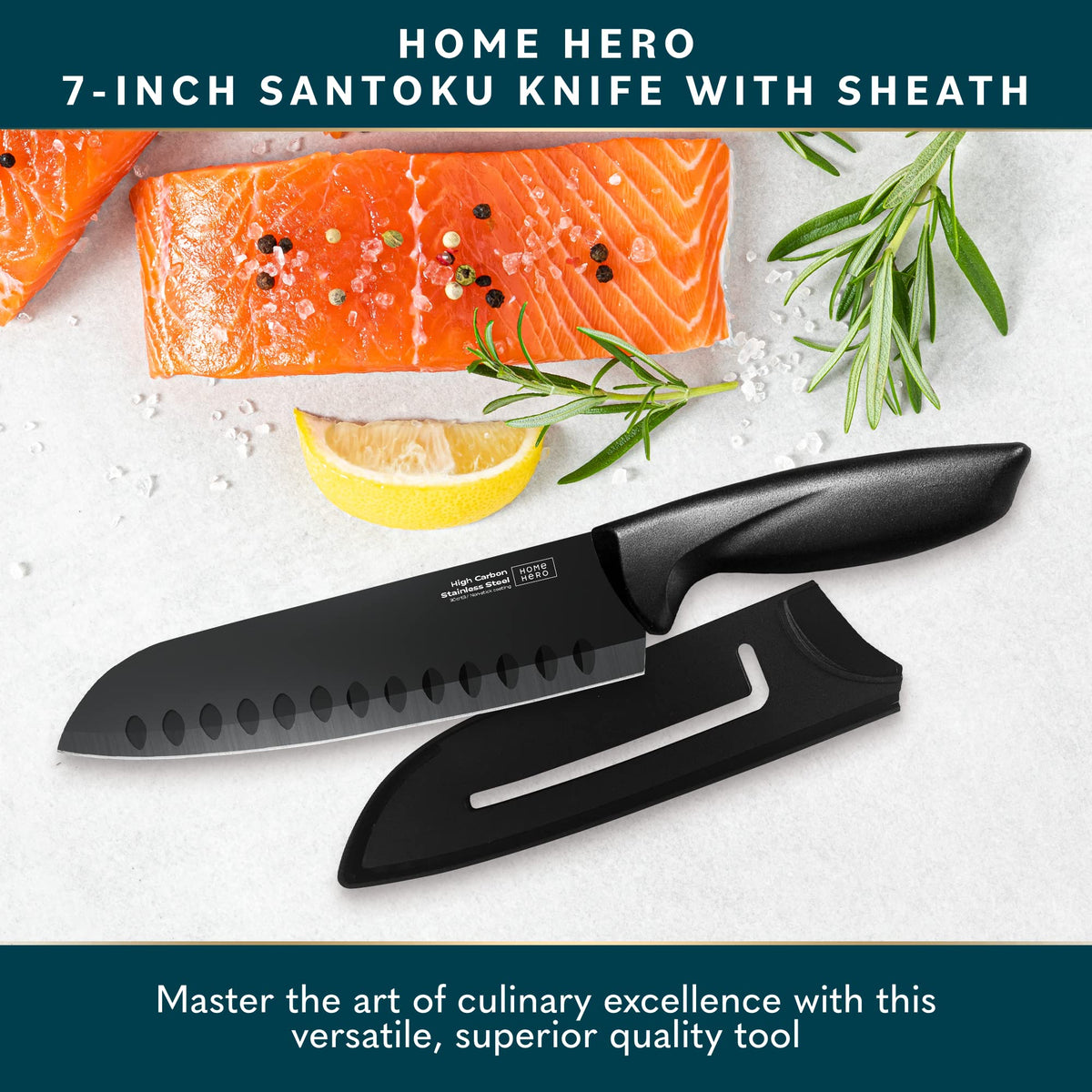 Home Hero Santoku knife with ergonomic handle for comfortable, precise chopping.