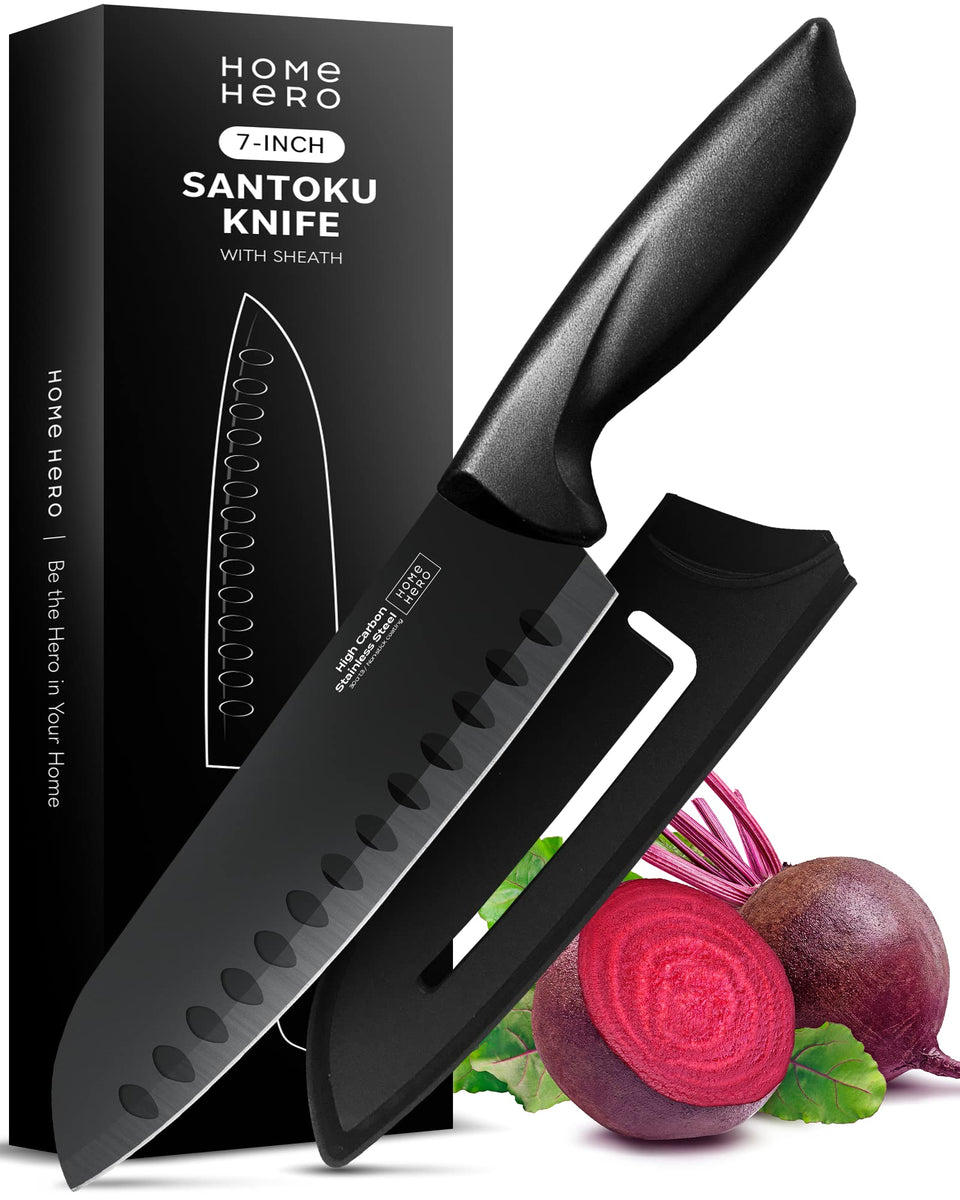 Home Hero Santoku knife with sheath for safe storage and quick access.