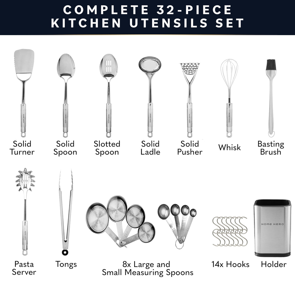 Home Hero stainless steel spatula and tongs ready for everyday cooking tasks.