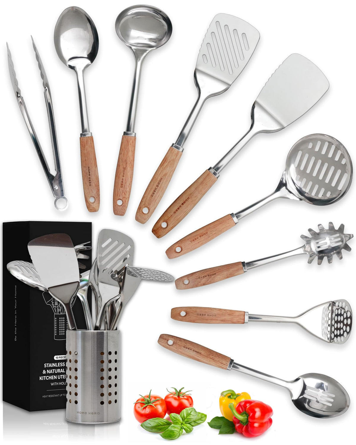 Home Hero stainless steel utensils with wood handle offer a durable, comfortable cooking grip