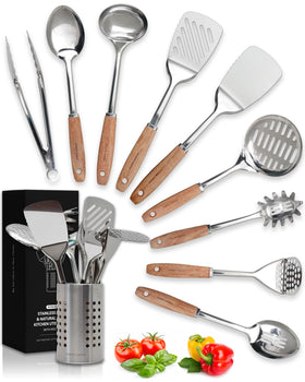 Home Hero stainless steel utensils with wood handle offer a durable, comfortable cooking grip