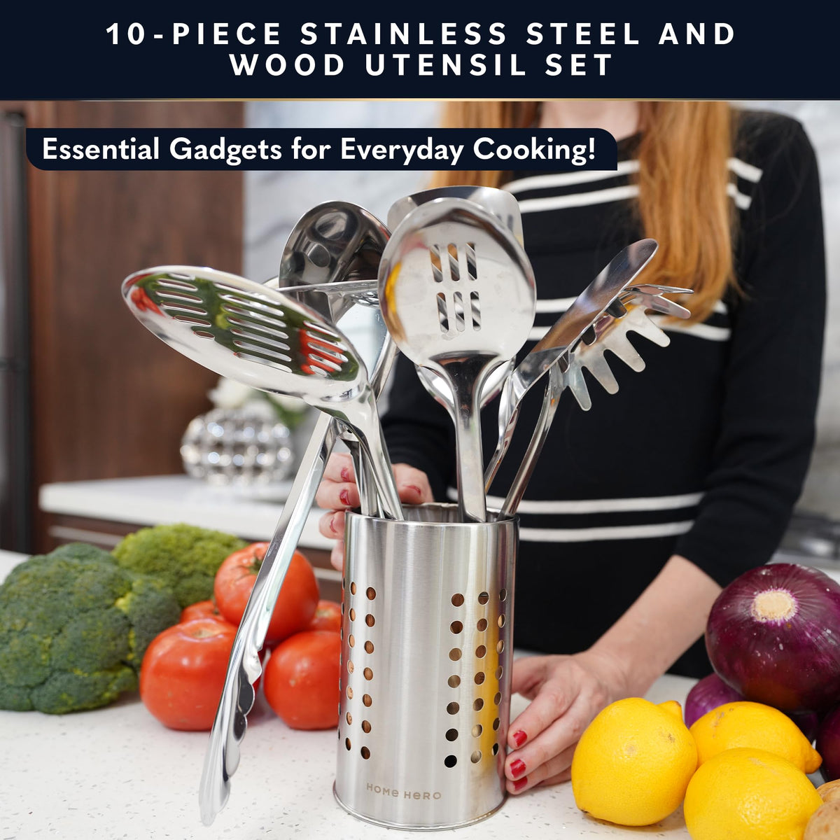 Home Hero utensil holder with drainage holes keeps tools dry and organized