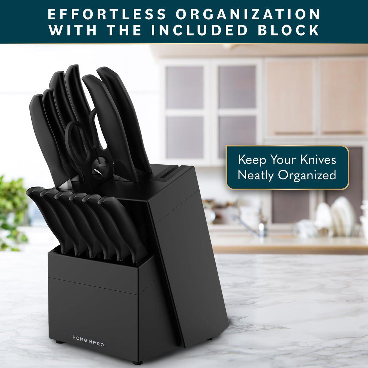 Home Hero wooden block with built-in sharpener keeps blades ready.
