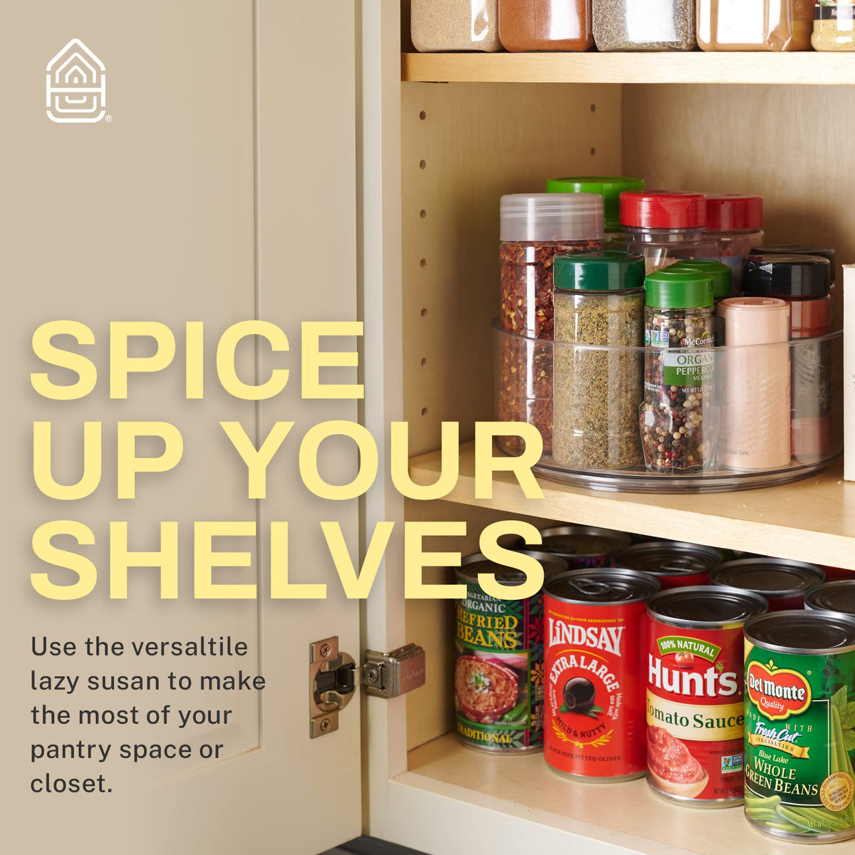 Home Intuition lazy Susan on kitchen storage keeps condiments neatly accessible.