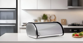 HOME IT bread box front view highlights brushed finish and clean lines