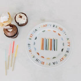 Home & Kind Birthday Celebration Plate close-up shows ceramic texture and durable finish.
