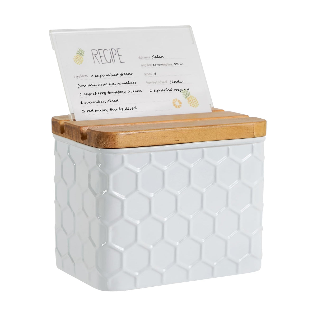 HOME PALETTE recipe box with white honeycomb lid keeping the kitchen neat