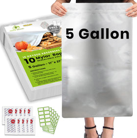 Home Sensei 5 gallon Mylar bags with oxygen absorbers for long-term pantry freshness.