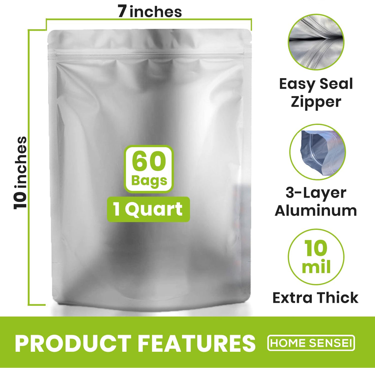 Home Sensei 1 qt Mylar bags with zip seal protect contents from air and moisture.