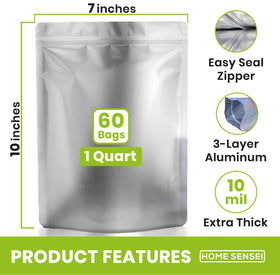 Home Sensei 1 qt Mylar bags with zip seal protect contents from air and moisture.