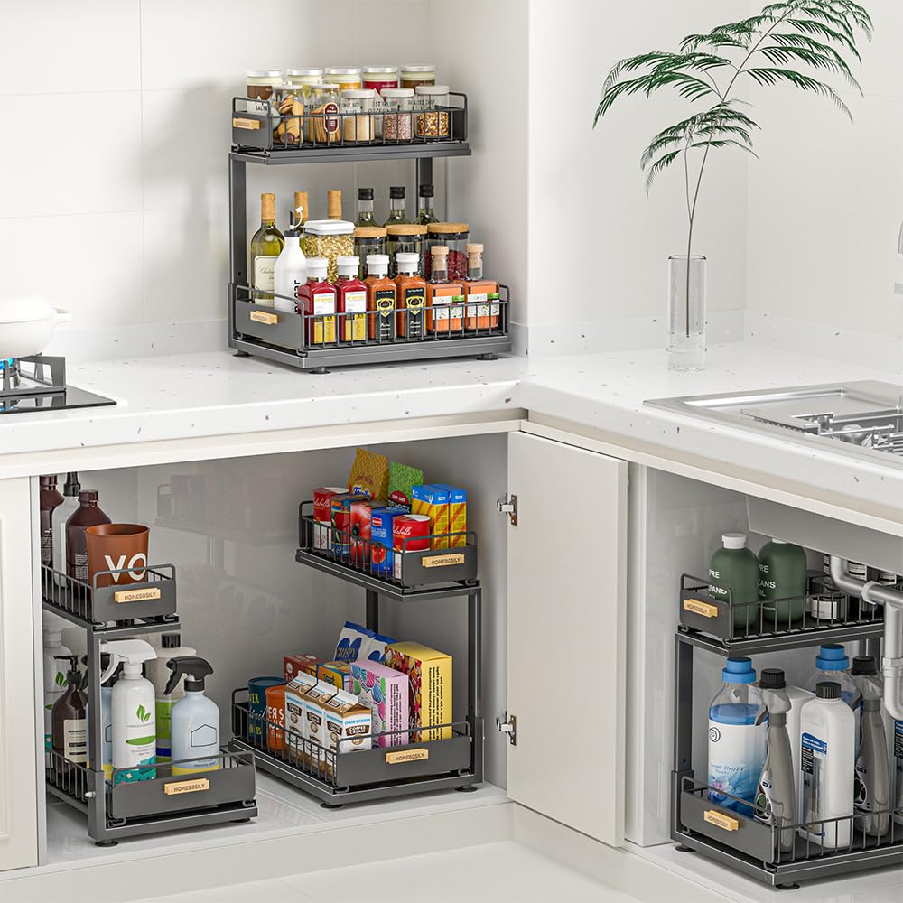 Homebosily keeps bottles upright and clutter off the counter.