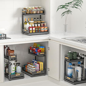 Homebosily keeps bottles upright and clutter off the counter.