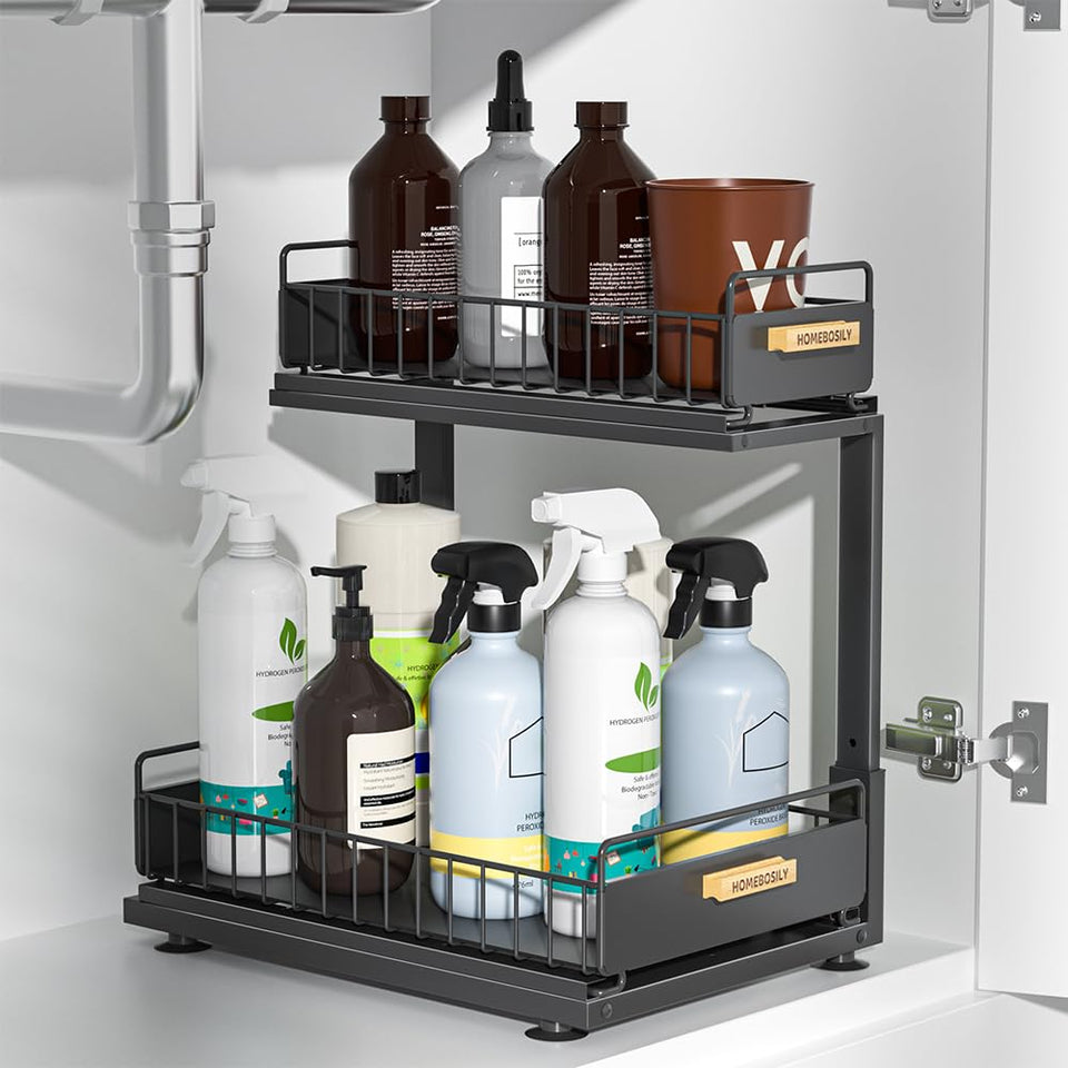 Homebosily under-sink organizer 2-tier front view saves cabinet space.