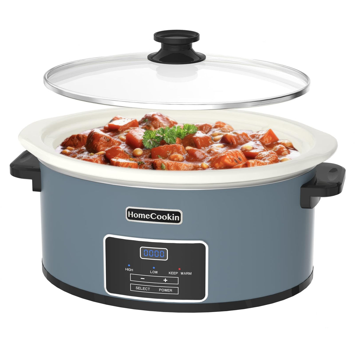 HOMECOOKIN 8-Quart Oval Slow Cooker blue, ideal for family meals.