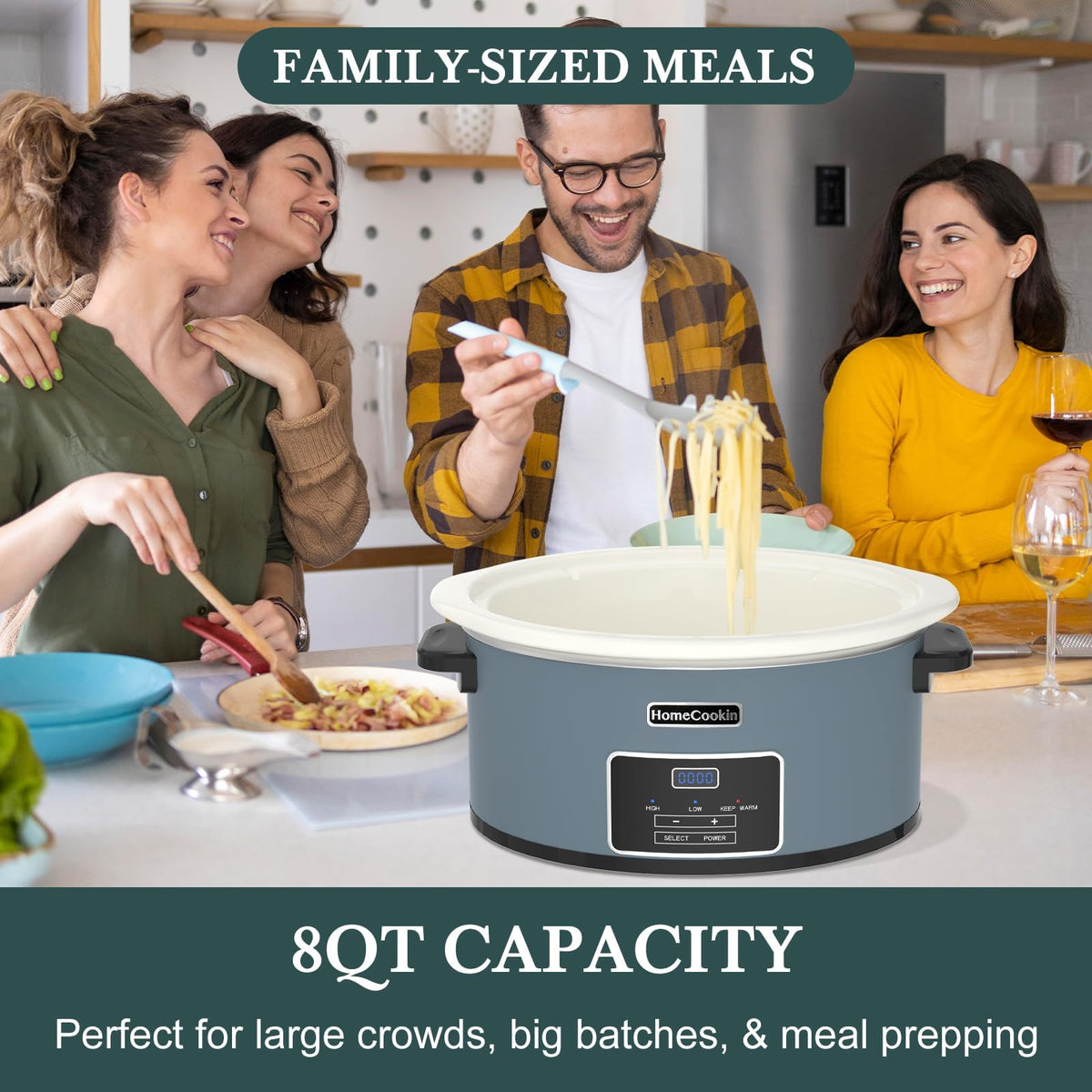 HOMECOOKIN blue slow cooker in-use adds convenience to weeknight dinners.