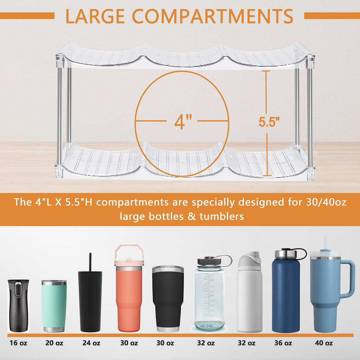 Clear PET frame highlights bottles and prevents tipping with grooved slots.