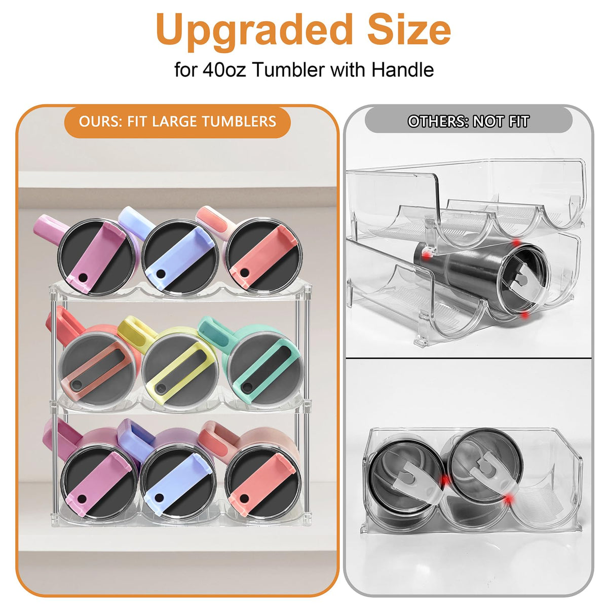 Grooved slots prevent rolling and keep bottles aligned in the organizer.
