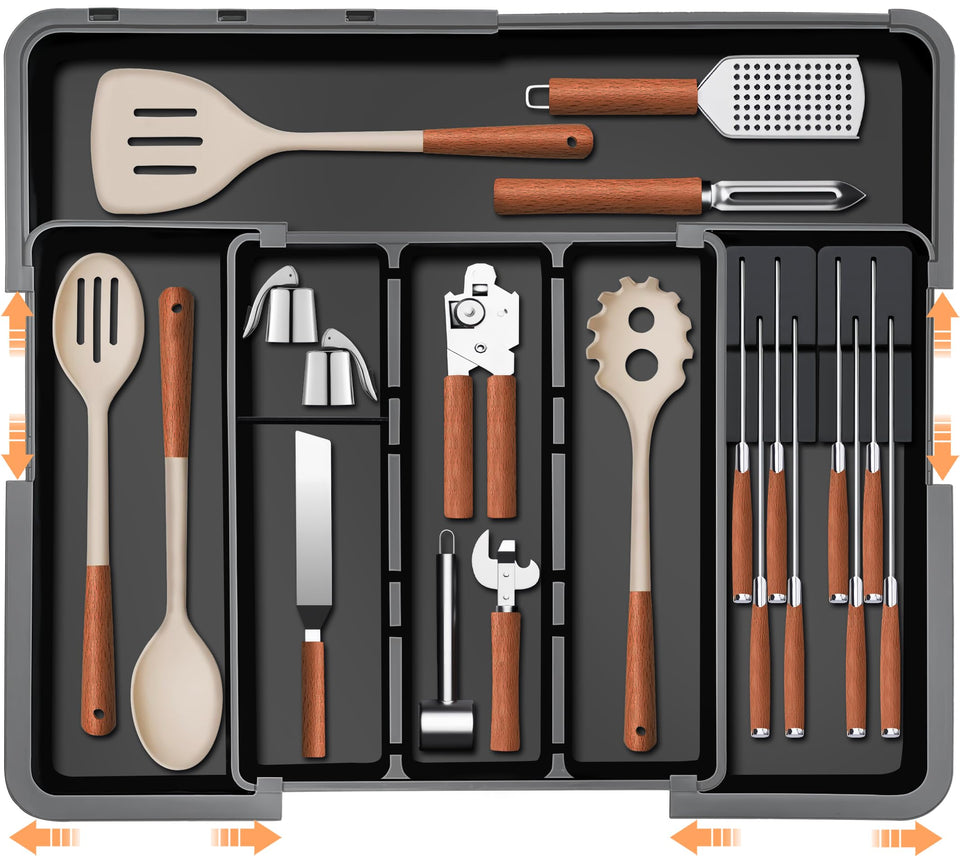 Homecor large utensil drawer organizer in compact mode keeps utensils neatly accessible.