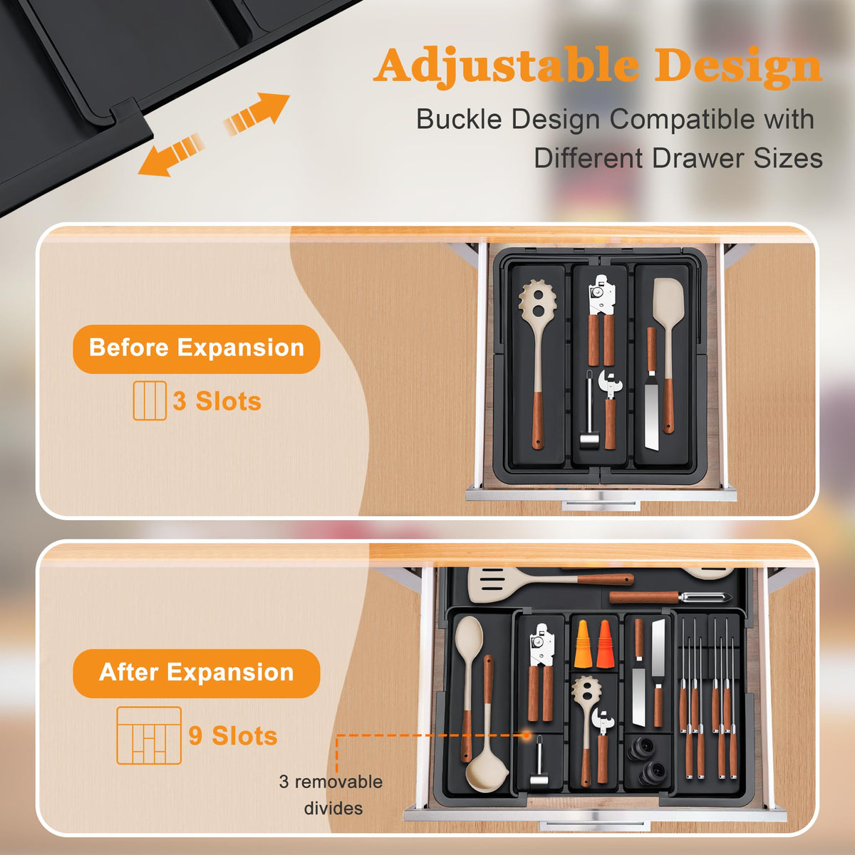 Homecor expandable right panel extended maximizing drawer storage for cooking tools.