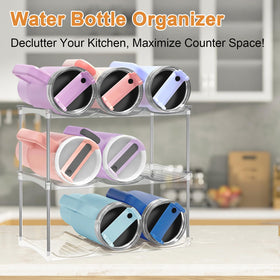 Versatile storage for bottles, travel mugs, and cups in small spaces.