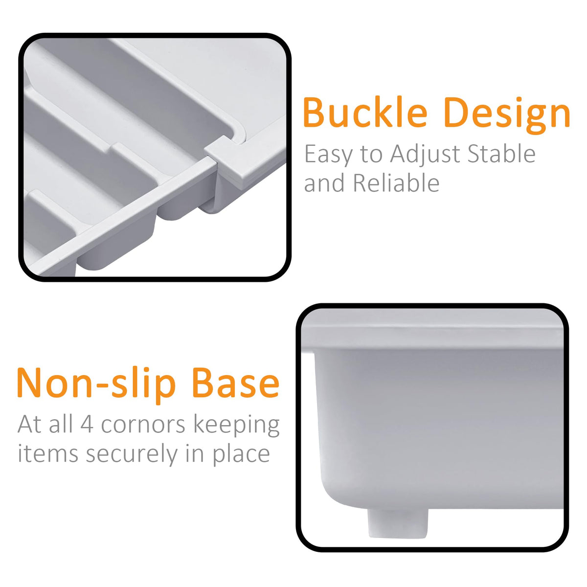 Homecor anti-slip base keeps utensils secure during drawer organization.