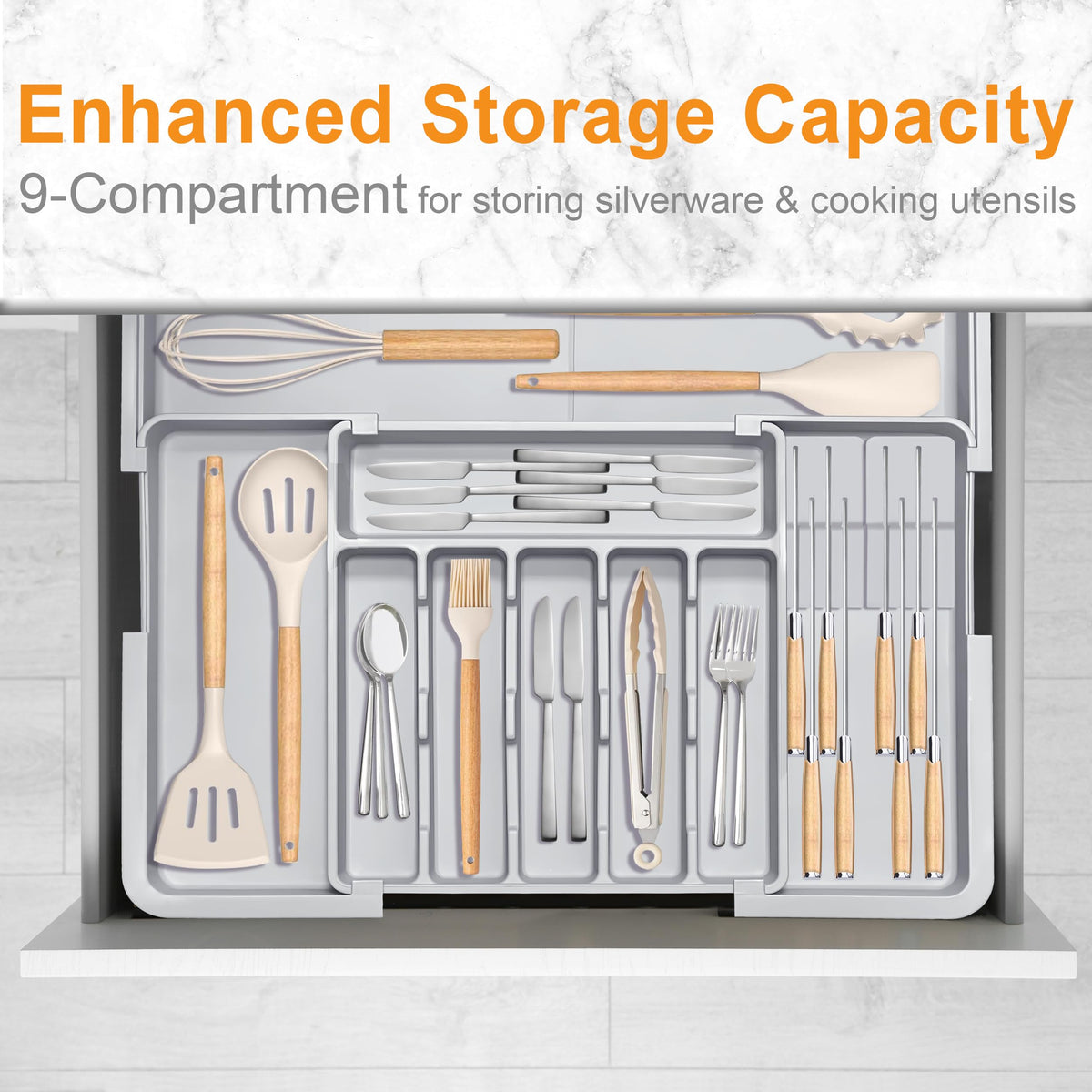 Homecor expandable panels create flexible storage for utensils and kitchen tools.