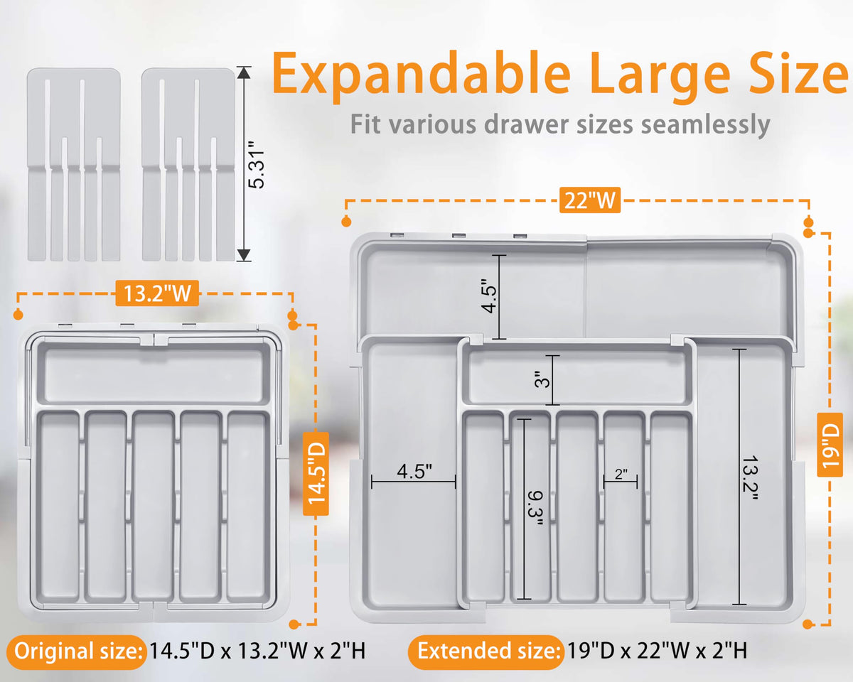 Homecor silverware drawer organizer extended to full width for extra utensils and tools.