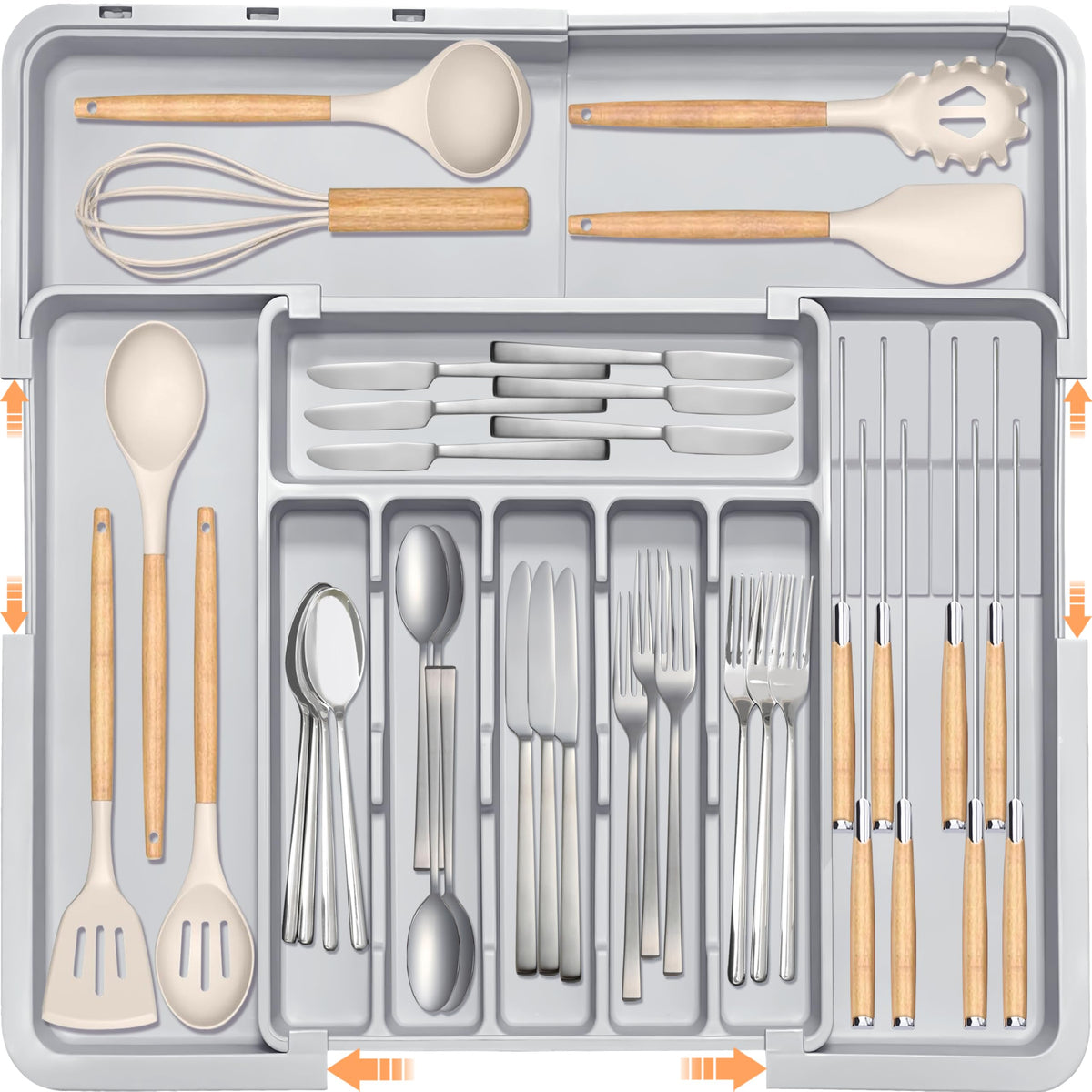 Homecor silverware drawer organizer folded layout demonstrating compact storage and drawer fit.