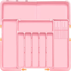 Homecor expandable pink silverware organizer in a wide kitchen drawer for versatile storage