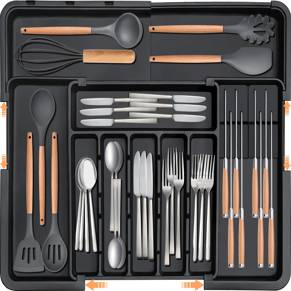 Homecor silverware organizer with extended left panel for flexible drawer storage.