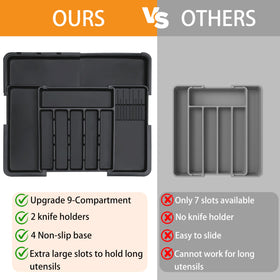 Homecor silverware organizer fully expanded reveals a spacious, organized drawer.
