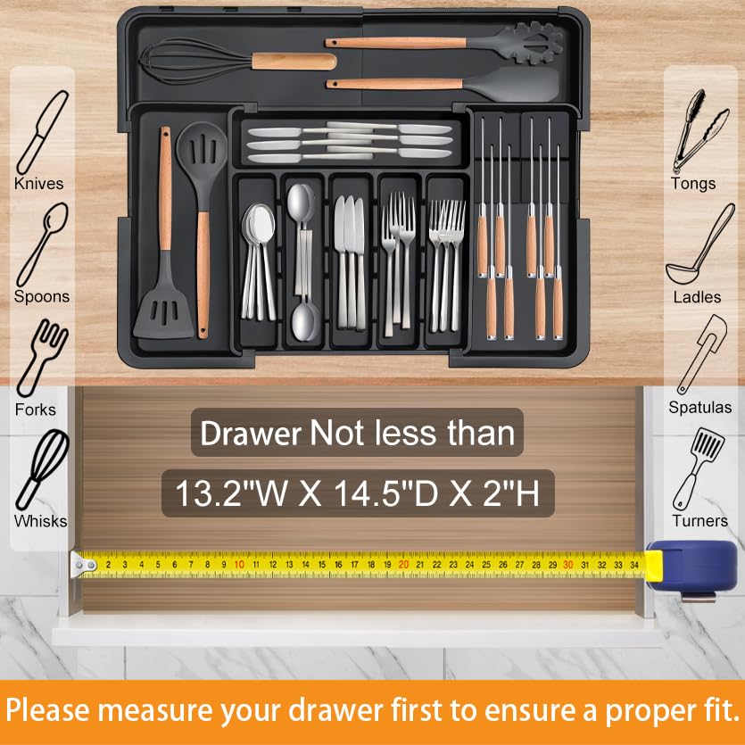 Homecor multi-compartment design keeps flatware, utensils, and tools sorted.