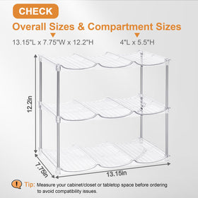 Stackable three-level rack saves cabinet space while showcasing bottles.