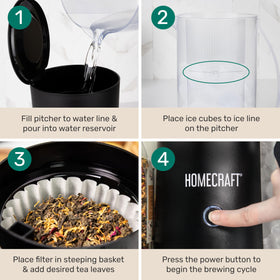 Homecraft Iced Tea Maker brew-in-pitcher setup delivers ready-to-pour beverages.
