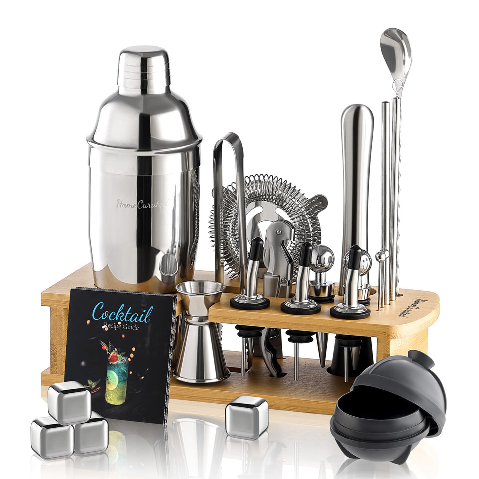 HomeCurated cocktail shaker set on bamboo stand for organized home bartending