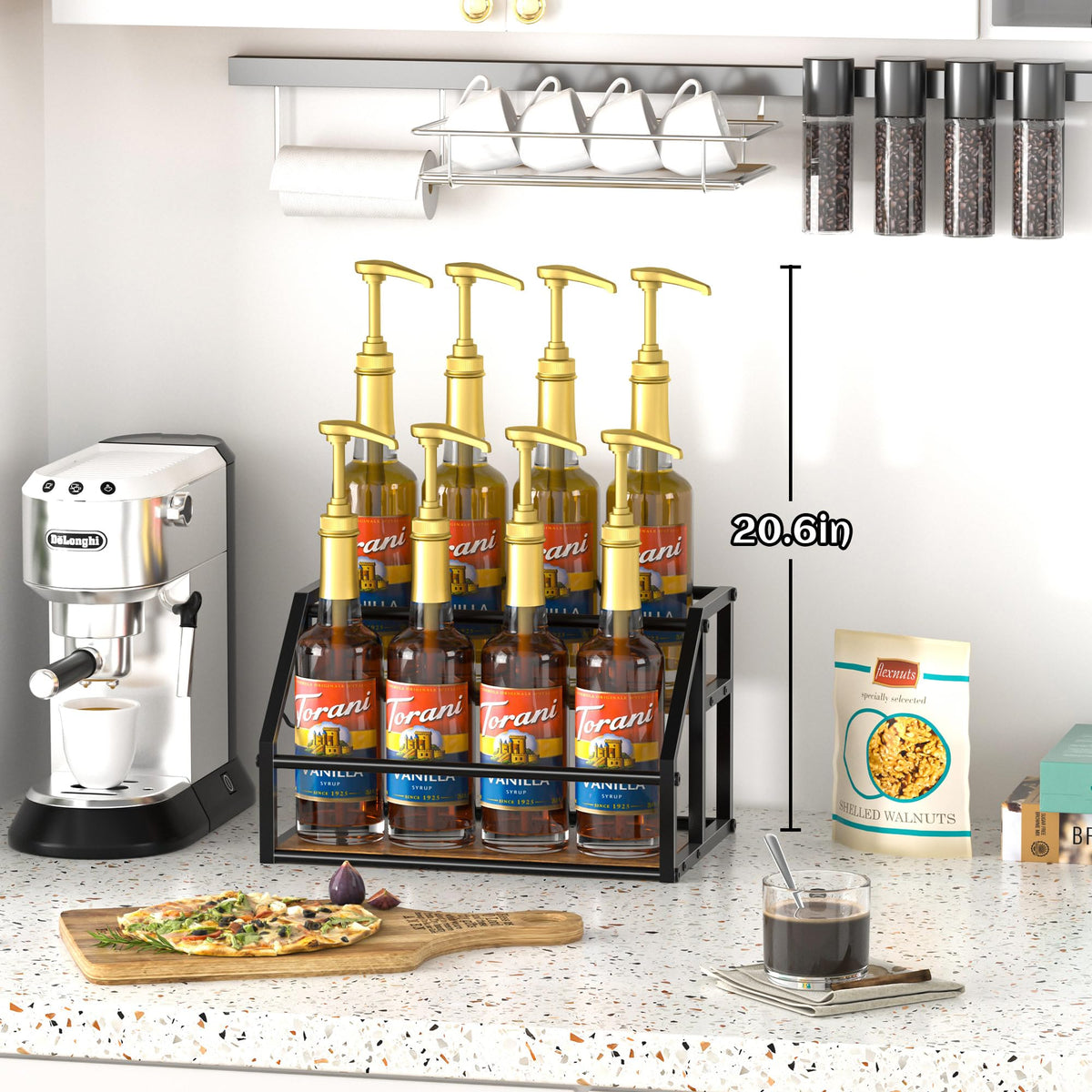 Homedawn eight-bottle syrup holder keeps syrups organized on your coffee bar