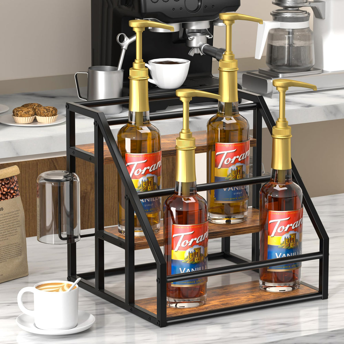 Homedawn wood and metal frame stand on a counter with rustic finish