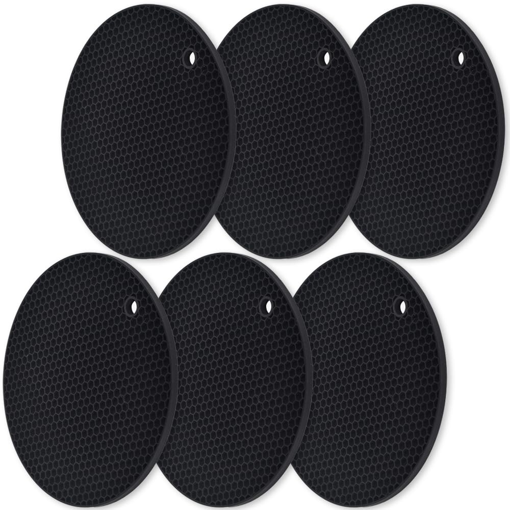 HomEdge silicone round trivet, 6-pack, black, honeycomb surface for heat protection