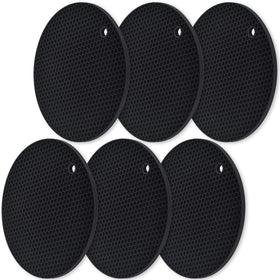 HomEdge silicone round trivet, 6-pack, black, honeycomb surface for heat protection